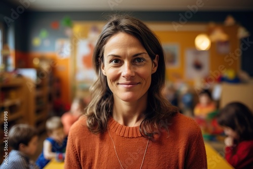 a kind-hearted daycare teacher is depicted, radiating warmth and compassion. Her nurturing smile and gentle demeanor create a welcoming environment where young minds can thrive. Generative AI