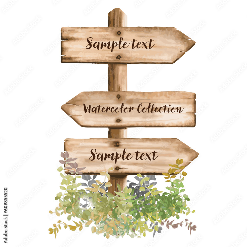 Ensemble de vecteurs de villégiature de panneaux de flèche en bois . Concept de poteau de signalisation en bois avec de l'herbe. Illustration de pointeur de carte avec texte isolé sur fond blanc