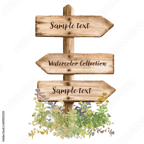 Ensemble de vecteurs de villégiature de panneaux de flèche en bois . Concept de poteau de signalisation en bois avec de l'herbe. Illustration de pointeur de carte avec texte isolé sur fond blanc