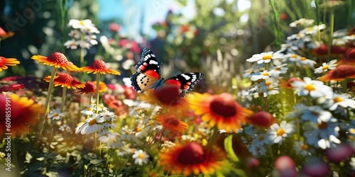 Beautiful butterfly on the flower garden with light exposure AI Generative