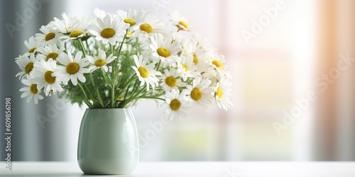 Beautiful vase of chamomile flowers on the table with sun exposure
