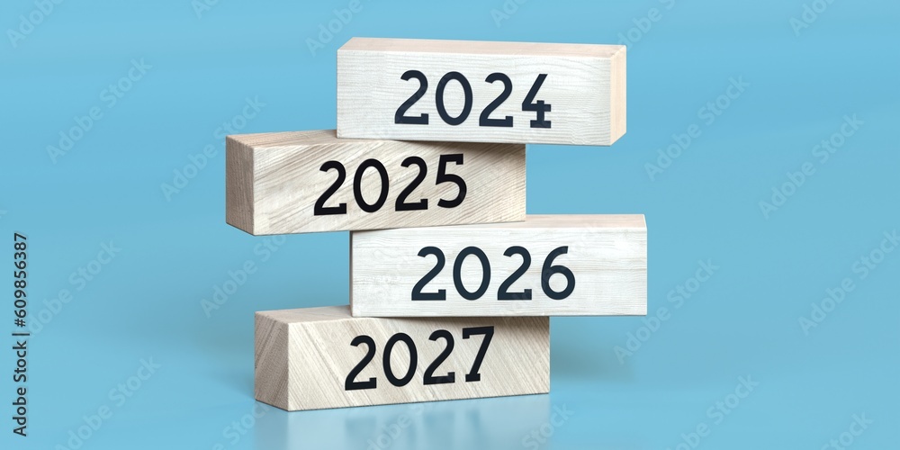 2024, 2025, 2026, 2027 - words on wooden blocks - 3D illustration - obrazy, fototapety, plakaty 