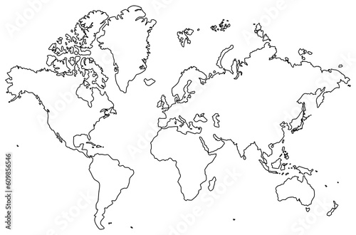 Black and white outline map of the world on a white background. Vector illustration