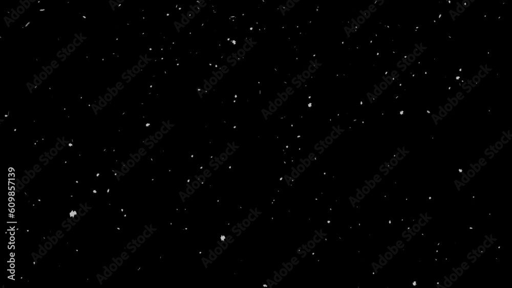 Rain of snow particles falling across the black screen. Snow particles coming down the screen on a chroma key background. Winter, cold, snow, ice concept. black screen