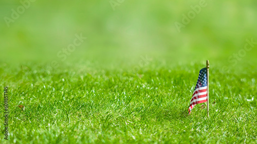 Usa flag on a green lawn with copy space. Photo of the American flag on a green lawn. The national flag of the united states of america flies outdoors