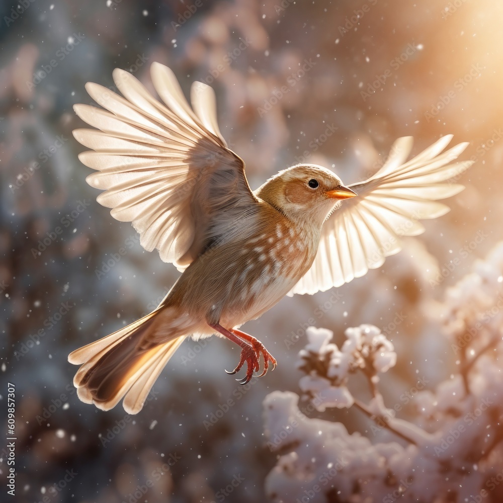 Fototapeta premium Winter Sparrow Takes Flight with Wings Spread in the Snow Generative Ai