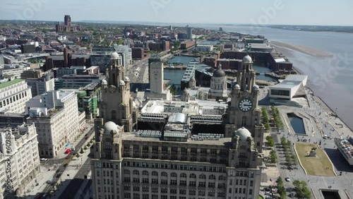 Liver building reveal from the sky with the drone up high photo