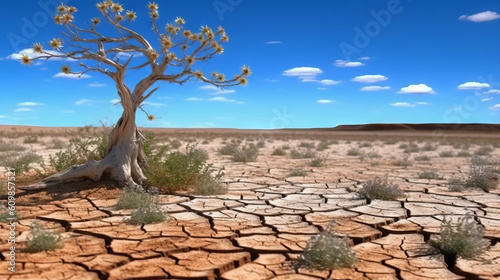 Drought landscape with one dry and dead tree and many dry tufts on a very cracked ground - AI Generated