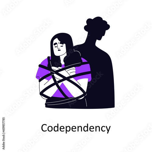 Codependency, addiction in unhealthy couple relationships. Co-dependency problem, psychology mental concept. Codependent addicted woman victim. Flat vector illustration isolated on white background