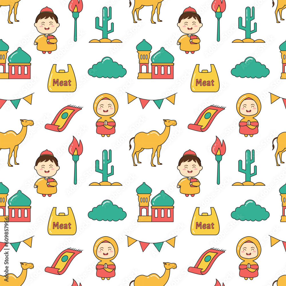 Fototapeta premium Happy Eid Al Adha Mubarak Seamless Pattern of Muslims Celebration with Sacrificial Animals in Template Hand Drawn Cartoon Flat Illustration
