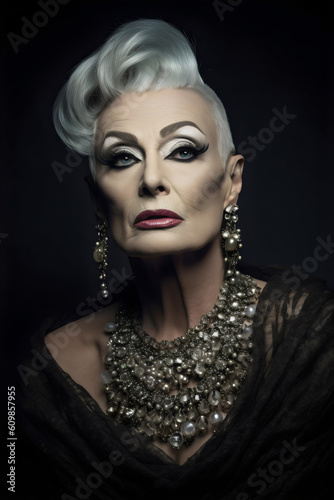 elegant older drag queen isolated on black background  made with generative ai