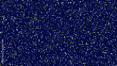 Abstract background with colorful dots on blue background. Grid of blinking dots. The flow of scientific data in cyberspace. Modern pattern for use in graphic design.Vector illustration.