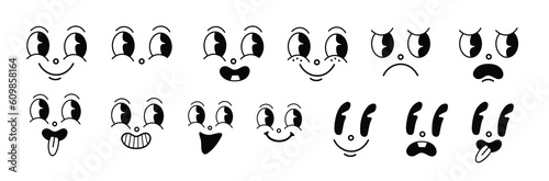 Retro 30s cartoon mascot characters funny faces. 50s, 60s old animation eyes and mouths elements. Vintage comic smile for logo vector set.