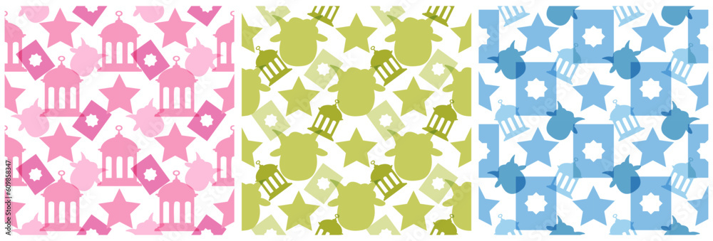 Set of Happy Eid Al Adha Mubarak Seamless Pattern of Muslims Celebration with Sacrificial Animals in Template Hand Drawn Cartoon Flat Illustration Set of Happy Eid Al Adha Mubarak Seamless Pattern of Muslims Celebration with Sacrificial Animals in Template Hand Drawn Cartoon Flat Illustration