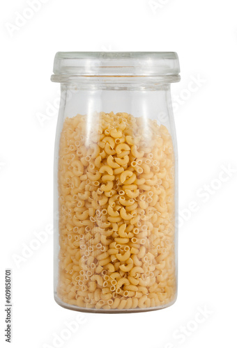 Transparent jar with lid with pasta inside. Transparent background.