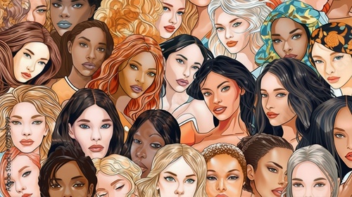Vector illustration of a diverse group of beautiful women with natural beauty and glowing smooth skin, Generative AI © Salsabila Ariadina
