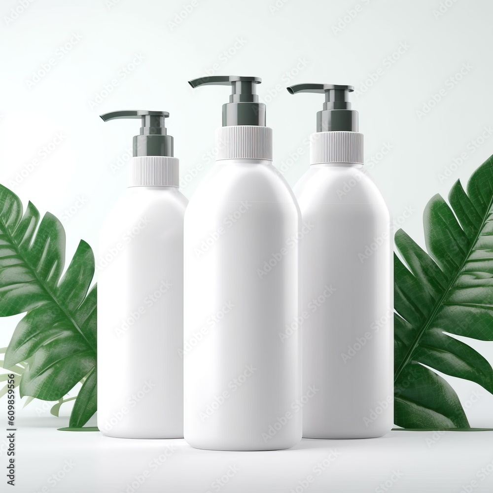 Portrait cosmetic bottle pump with tropical leaf isolated on white AI Generative Portrait cosmetic bottle pump with tropical leaf isolated on white AI Generative