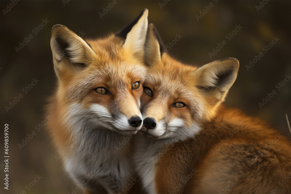 a pair of foxes hugging