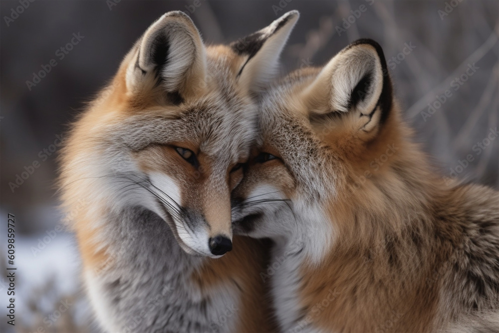 a pair of foxes hugging