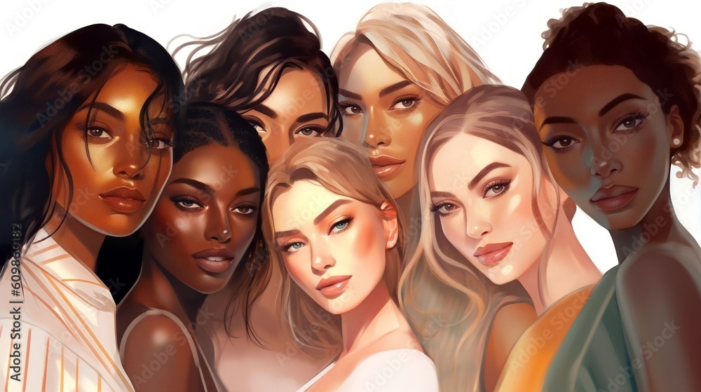 Fototapeta premium Vector illustration of a diverse group of beautiful women with natural beauty and glowing smooth skin, Generative AI