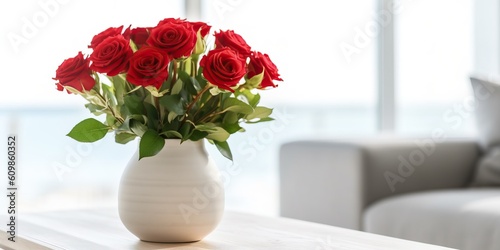 Beautiful vase of rose flowers on the table with light exposure