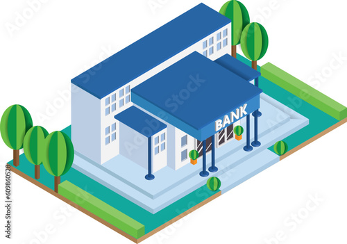 Isometric vector bank building with bank lettering with cute stylized bright colors suitable for maps, infographics and financial stock symbols.