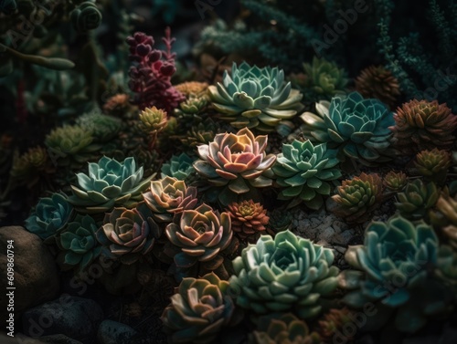 Miniature home flowers succulents and cactus in the garden Created with Generative AI technology