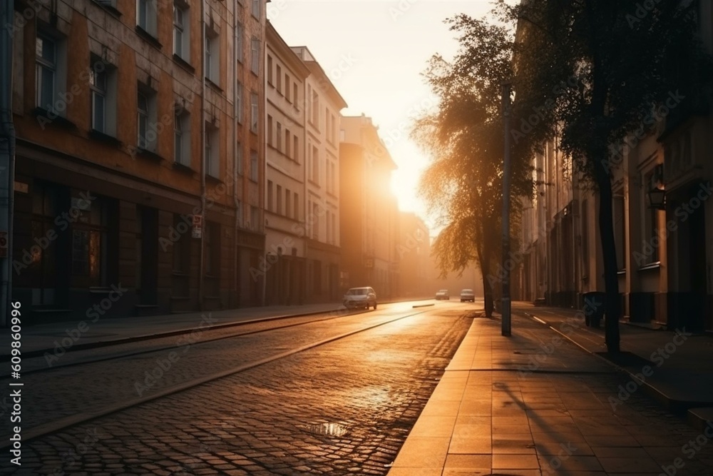 empty city streets on the sunrise, architecture, Generative AI