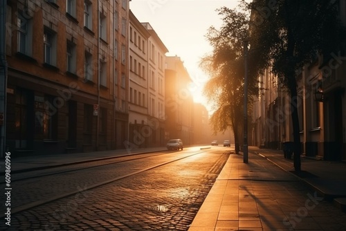 empty city streets on the sunrise, architecture, Generative AI © forenna