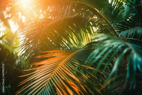 beautiful tropical palm trees, closeup Generative AI © forenna