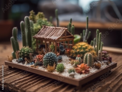 Fantasy Miniature home flowers succulents and cactus in the garden Created with Generative AI technology
