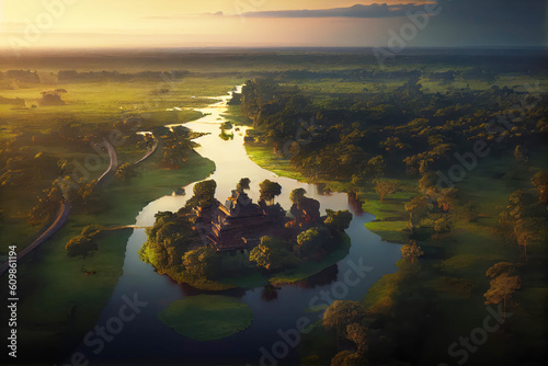 Cambodia landscape with temple and river. Generative AI Art. Beautiful view. © Sci-Fi Agent