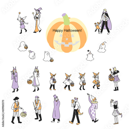 ハロウィーンの仮装をした人々セット