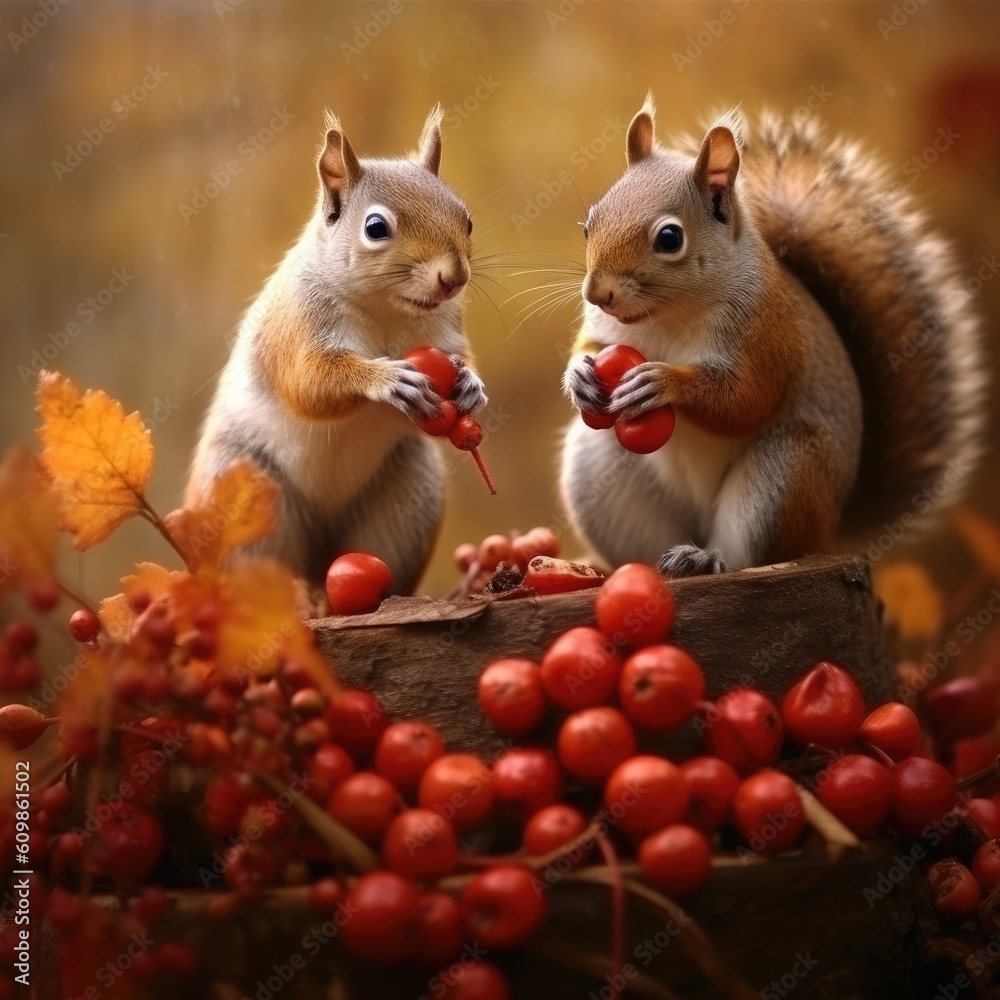 two squirrels sitting on berries Generative Ai two squirrels sitting on berries Generative Ai