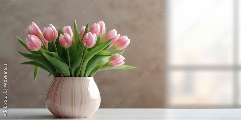 Beautiful vase of tulip flowers on the table with light exposure Beautiful vase of tulip flowers on the table with light exposure