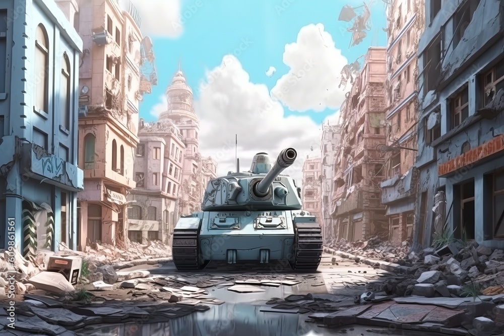 市街地を進む戦車,Generative AI AI画像