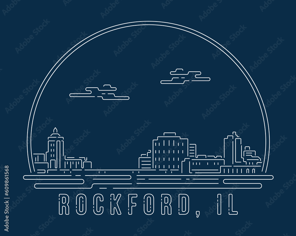 Rockford, Illinois - Cityscape with white abstract line corner curve modern style on dark blue background, building skyline city vector illustration design