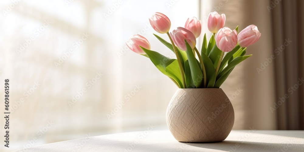 Beautiful vase of tulip flowers on the table with light exposure