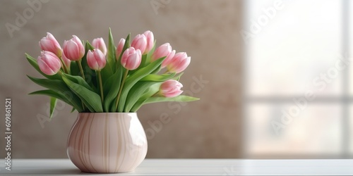 Beautiful vase of tulip flowers on the table with light exposure © Tebha Workspace