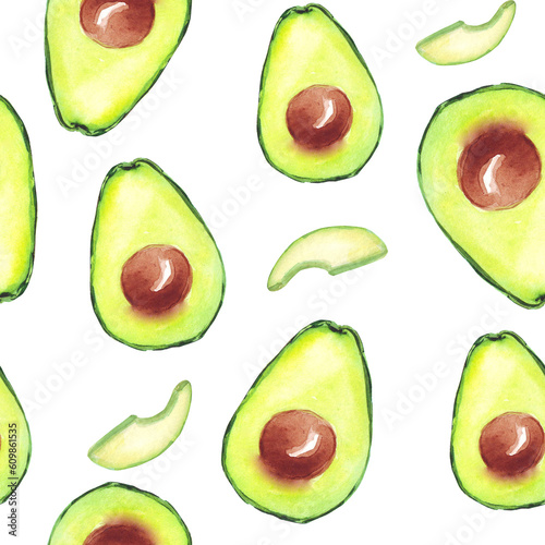 Seamless pattern of avocados and sprouts. Watercolor halves of avocado and seedlings, hand painted. For the design of menus, napkins, wrappers, packages.