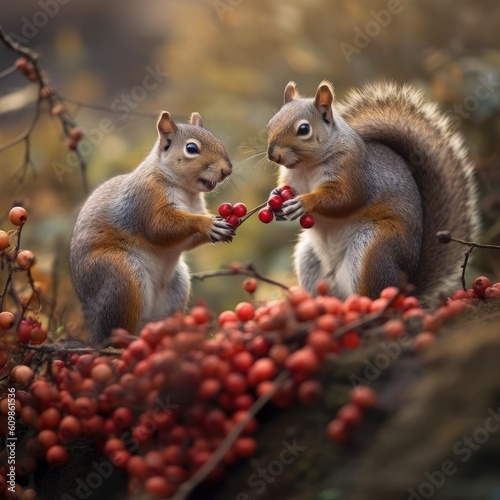 two squirrels sitting on berries Generative Ai