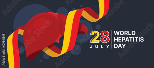 World Hepatitis Day - Red and yellow hepatitis Awareness rolling around liver on dark blue background vector design