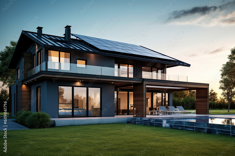 Image of a luxury family home with solar panels on the roof and a swimming pool in the backyard the dusk. Image of a luxury family home with solar panels on the roof and a swimming pool in the backyard the dusk.