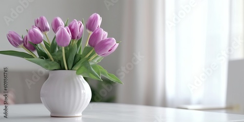 Beautiful vase of tulip flowers on the table with light exposure