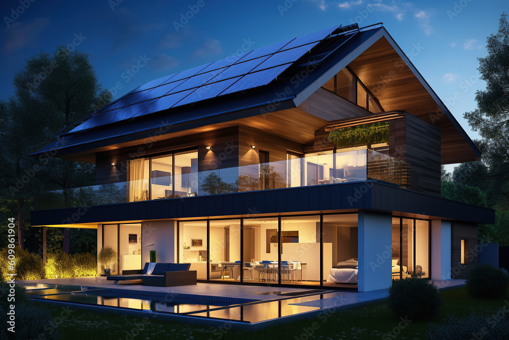 Image of a luxury family home with solar panels on the roof and a swimming pool in the backyard the dusk.