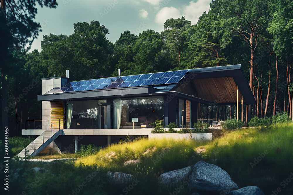Image of a luxury modern villa with solar panels on the roof in the hills.