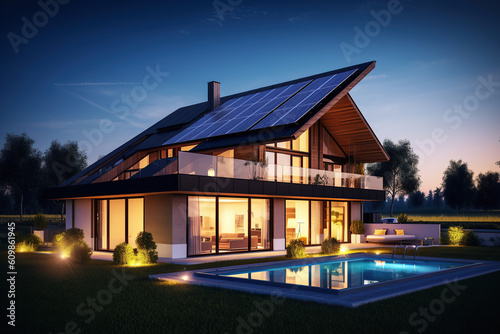 Image of a luxury family home with solar panels on the roof and a swimming pool in the backyard the dusk. © Stock Rocket