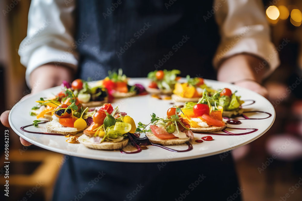 Waiter carrying a plate with delicious vegetarian food on some festive event, party or wedding reception