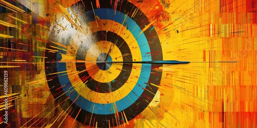 Arrows aims at a dartboard target. Yellow background