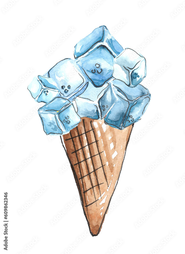 Waffle brown ice cream cone with blue ice cubes on a white background. hand drawn watercolor illustration Waffle brown ice cream cone with blue ice cubes on a white background. hand drawn watercolor illustration